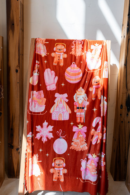 ⭐ Pink Christmas Gingerbread Cozy Blanket