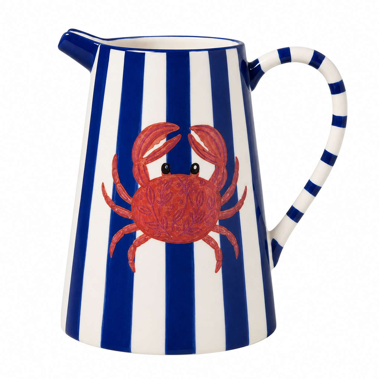 Coastal Crab Pitcher – Blue & White Striped Beach House Jug Vase
