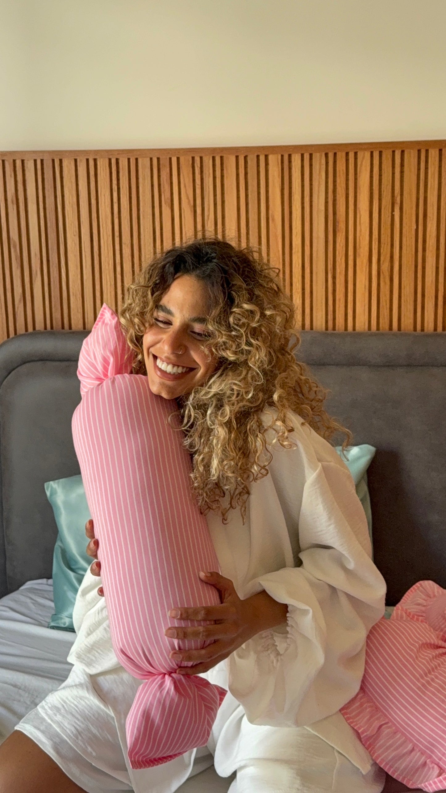 Candy Cloud Bolster Pillow – Pink Stripes
