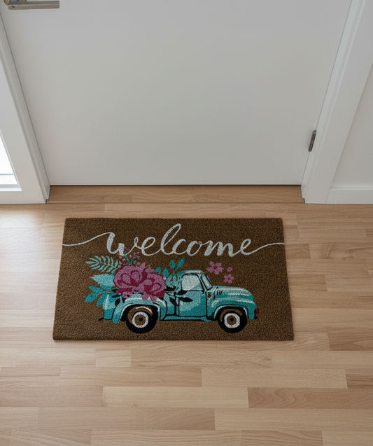 🌸 Floral Welcome Doormat – Vintage Truck Design