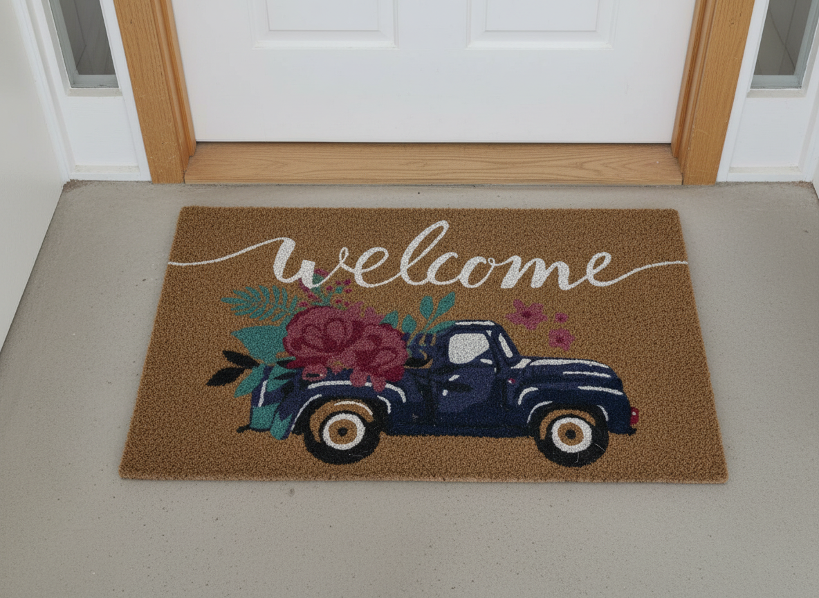 🌸 Floral Welcome Doormat – Vintage Truck Design