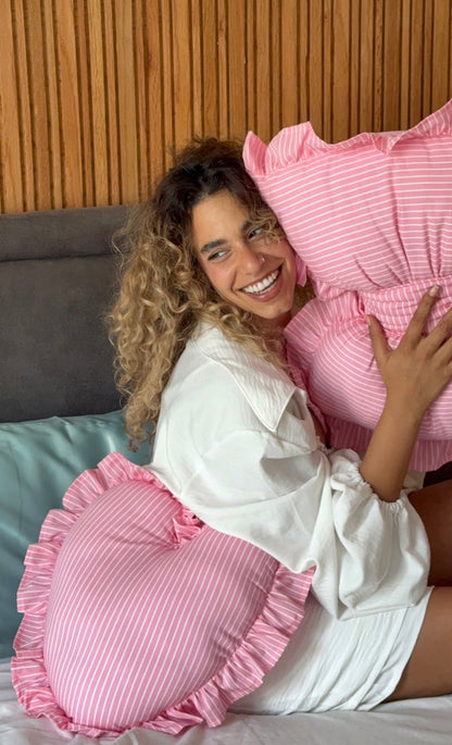 The Ruffle Heart Cushion — Pink Stripe