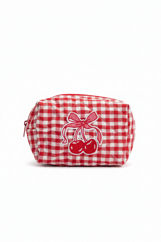 Cherry Crush Gingham Makeup Bag – Dreamy Red Aesthetic Cosmetic Pouch 🍒