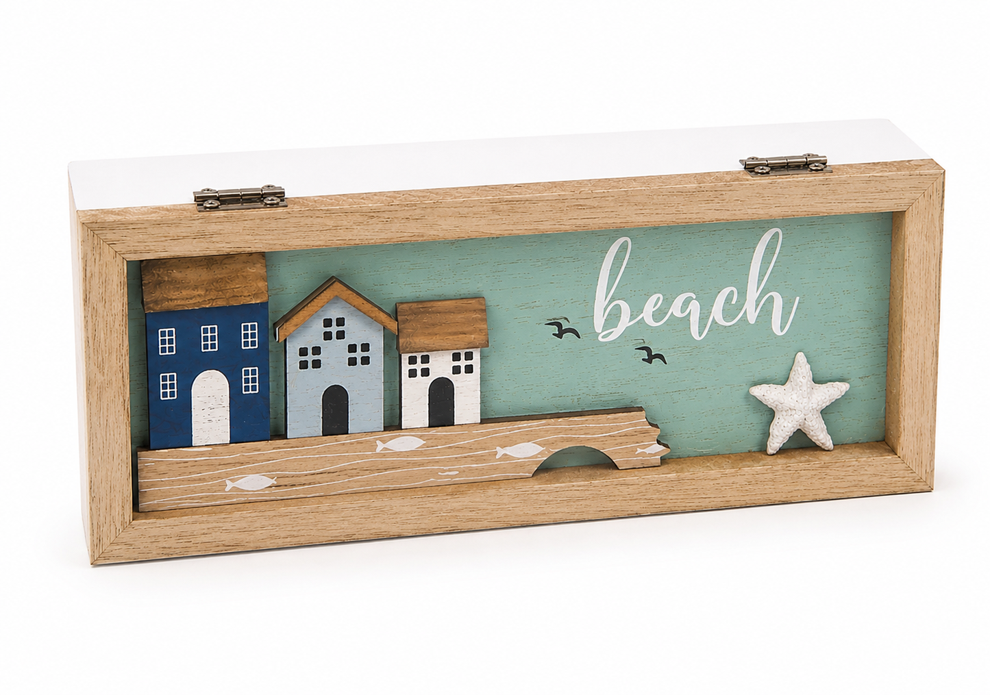 Coastal Wooden Tea Box – Beach House Tea Organizer (3 Compartments)