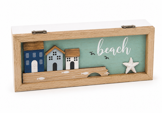 Coastal Wooden Tea Box – Beach House Tea Organizer (3 Compartments)